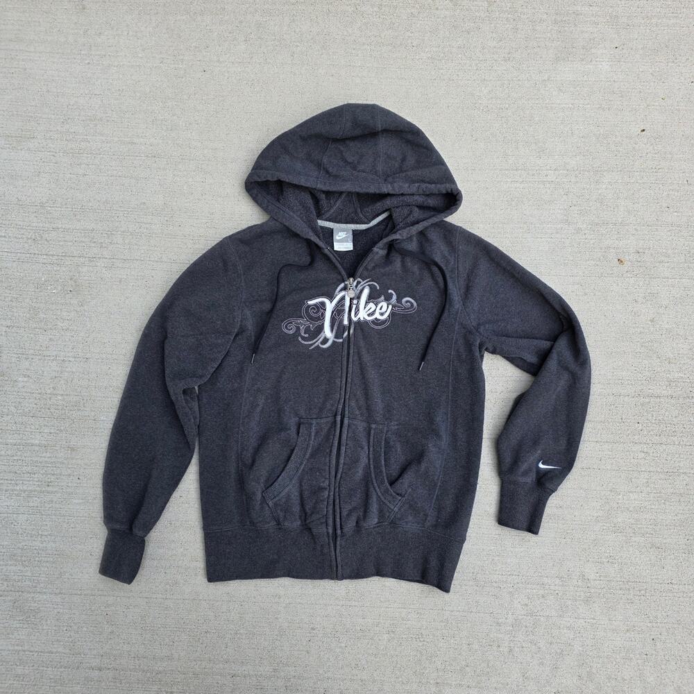 Y2K Nike Script Zip Hoodie Jacket Spellout Logo Gray Zip Jacket Womens Large
